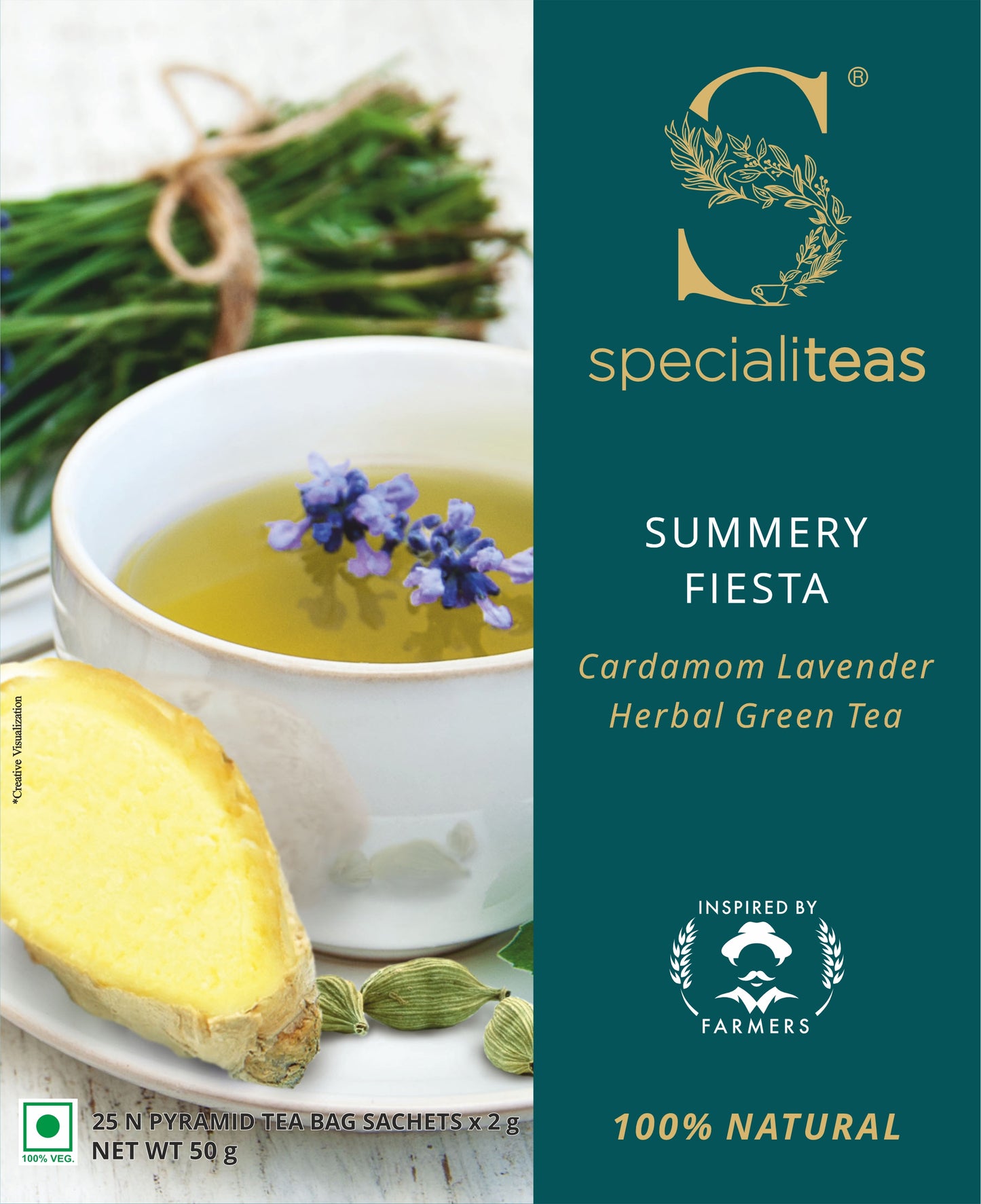 Cherise Specialiteas Summery Fiesta Cardamom Lavender Herbal Green Tea (2 g x 25 Pyramid Tea Bags)