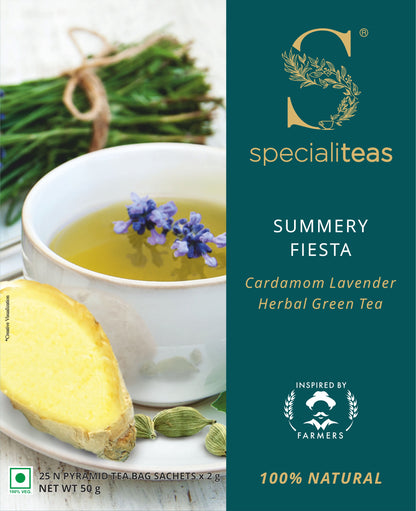 Cherise Specialiteas Summery Fiesta Cardamom Lavender Herbal Green Tea (2 g x 25 Pyramid Tea Bags)