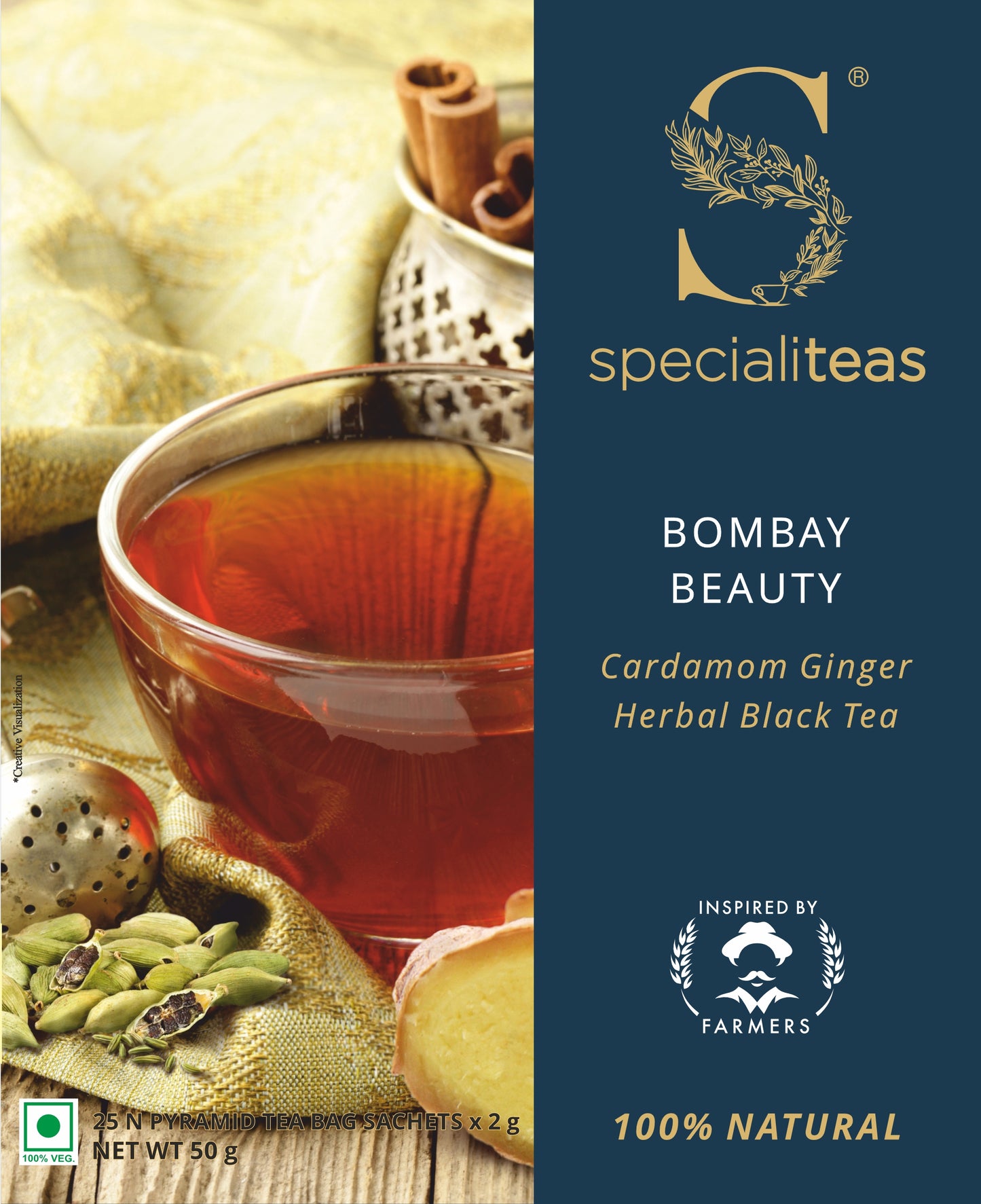 Cherise Specialiteas Bombay Beauty Cardamom Ginger Herbal Black Tea (2 g x 25 Pyramid Tea Bags)