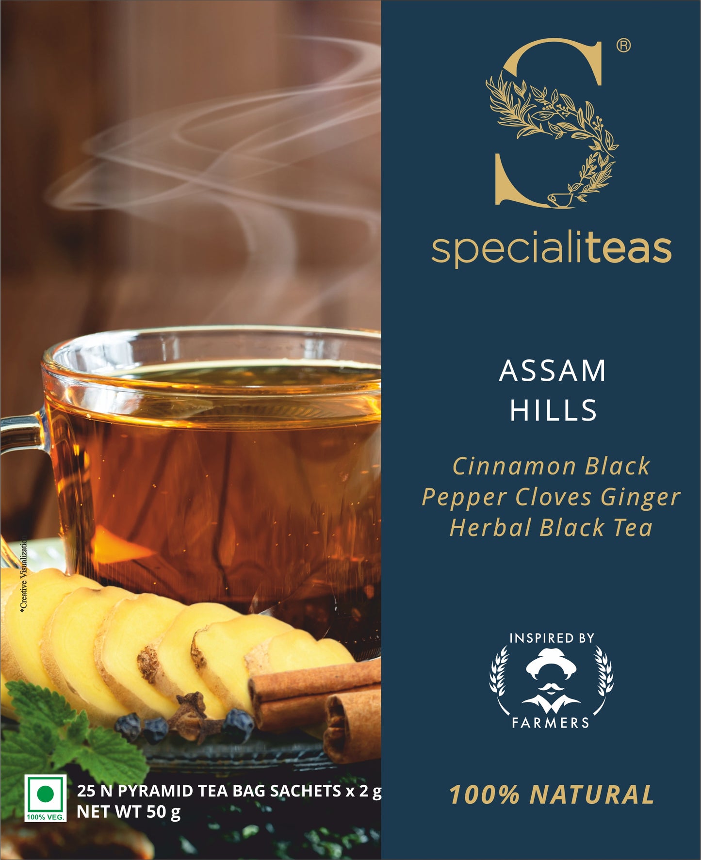 Cherise Specialiteas Assam Hills Cinnamon Black Pepper Cloves Ginger Herbal Black Tea (2 g x 25 Pyramid Tea Bags)