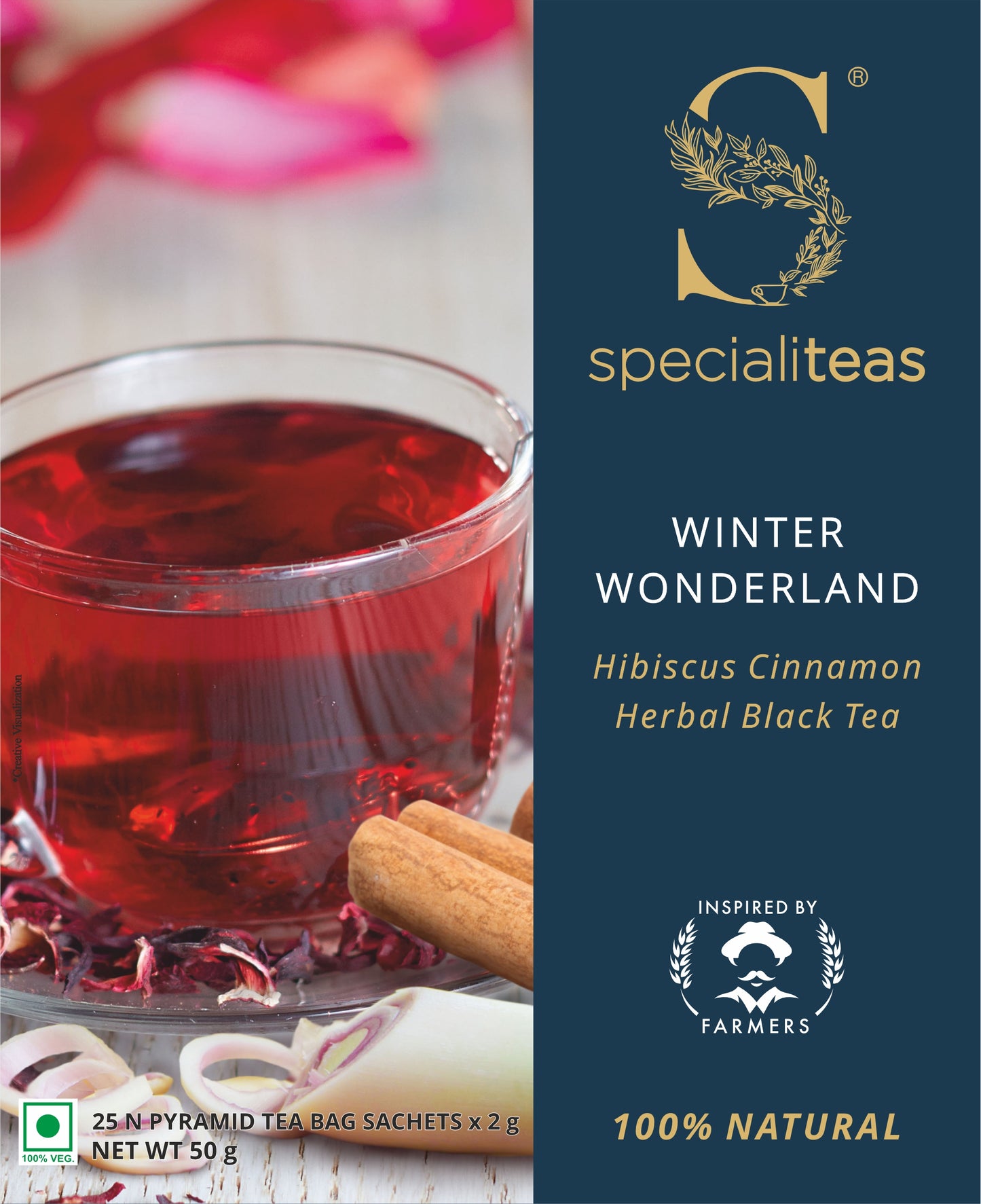 Cherise Specialiteas Winter Wonderland Hibiscus Cinnamon Herbal Black Tea (2 g x 25 Pyramid Tea Bags)