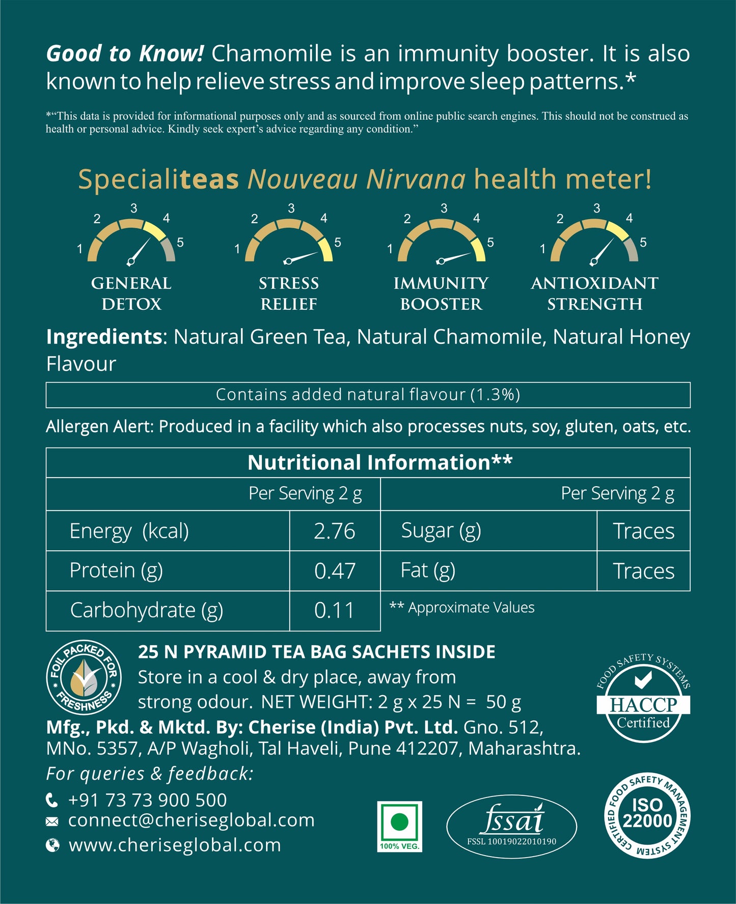Cherise Specialiteas Nouveau Nirvana Chamomile Honey Herbal Green Tea (2 g x 25 Pyramid Tea Bags)