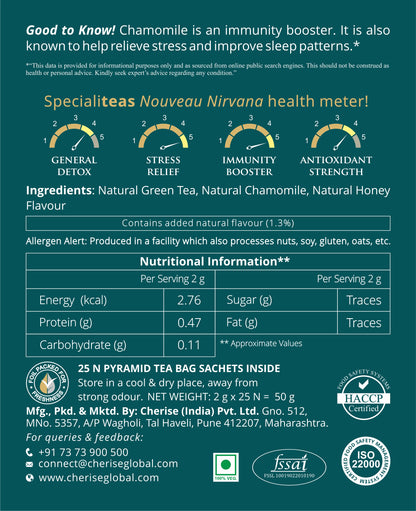 Cherise Specialiteas Nouveau Nirvana Chamomile Honey Herbal Green Tea (2 g x 25 Pyramid Tea Bags)