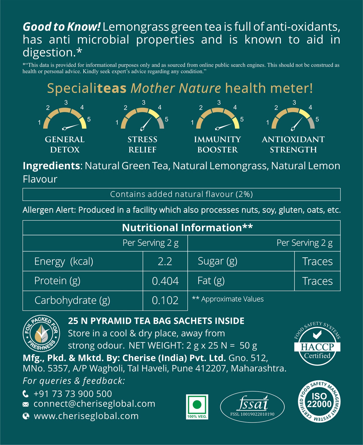 Cherise Specialiteas Mother Nature Lemongrass Herbal Green Tea (2 g x 25 Pyramid Tea Bags)