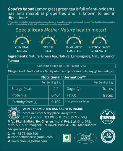 Cherise Specialiteas Mother Nature Lemongrass Herbal Green Tea (2 g x 25 Pyramid Tea Bags)