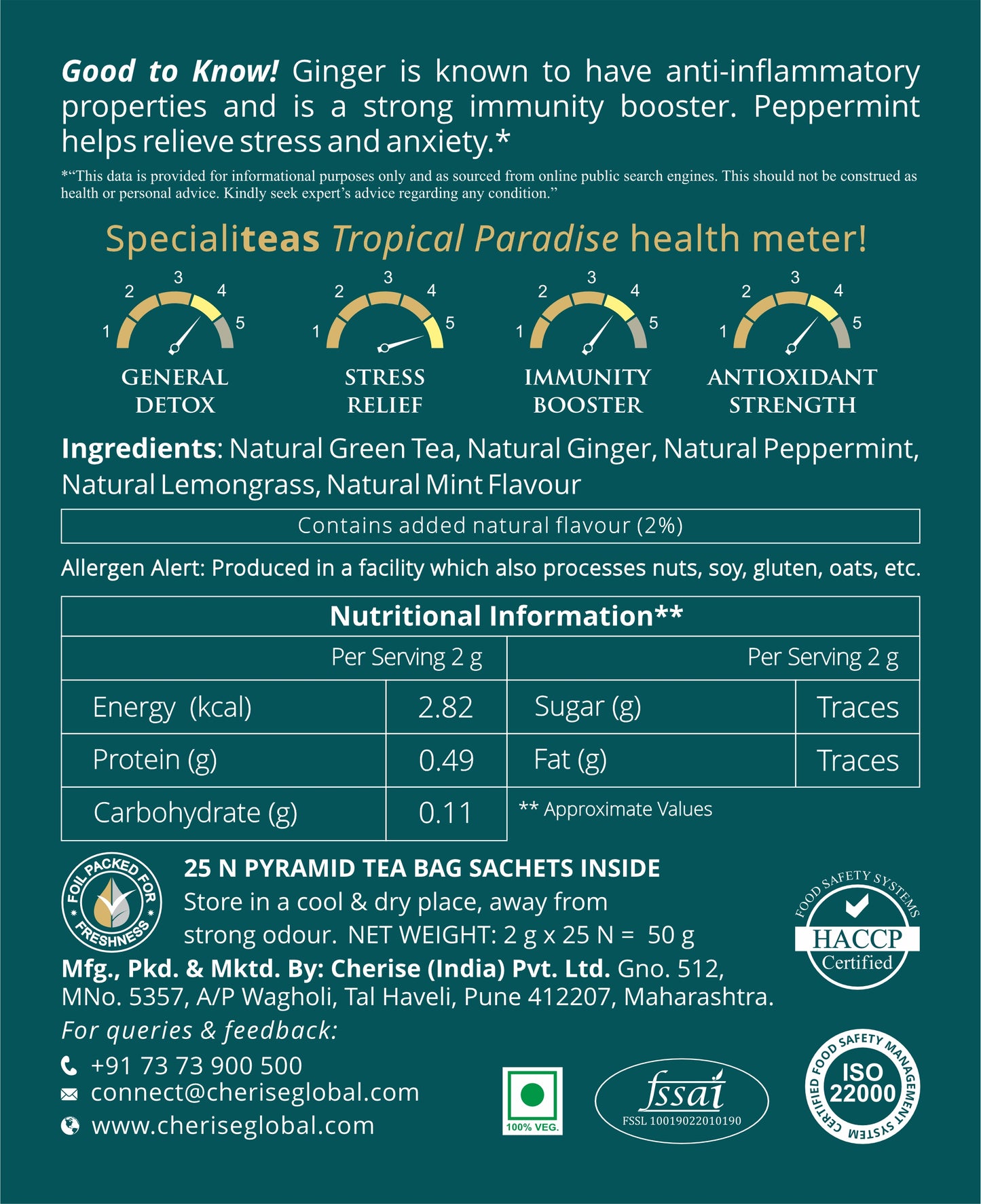 Cherise Specialiteas Tropical Paradise Ginger Mint Herbal Green Tea (2 g x 25 Pyramid Tea Bags)