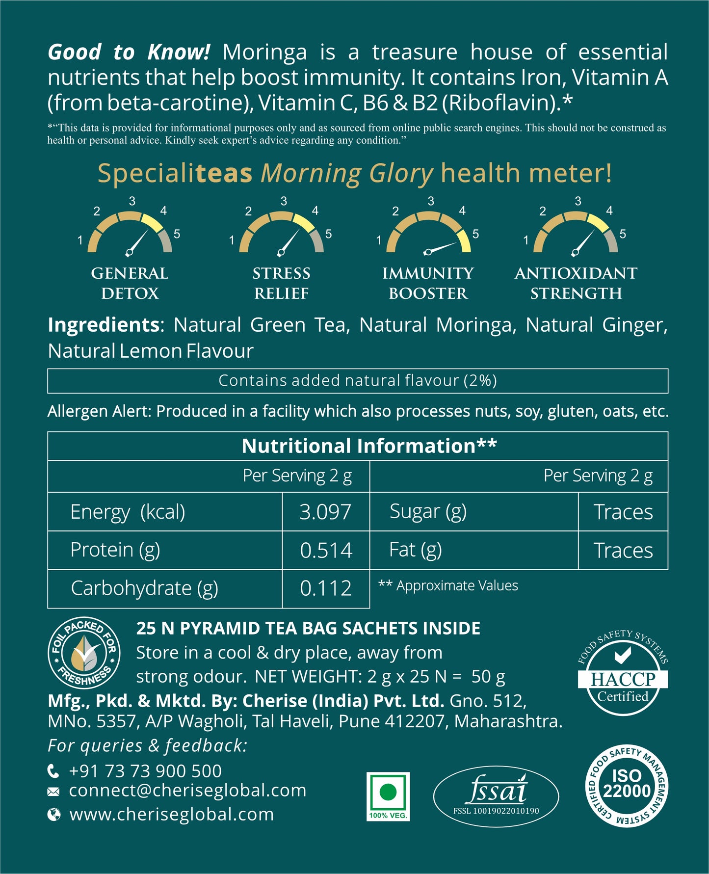 Cherise Specialiteas Morning Glory Moringa Ginger Herbal Green Tea (2 g x 25 Pyramid Tea Bags)