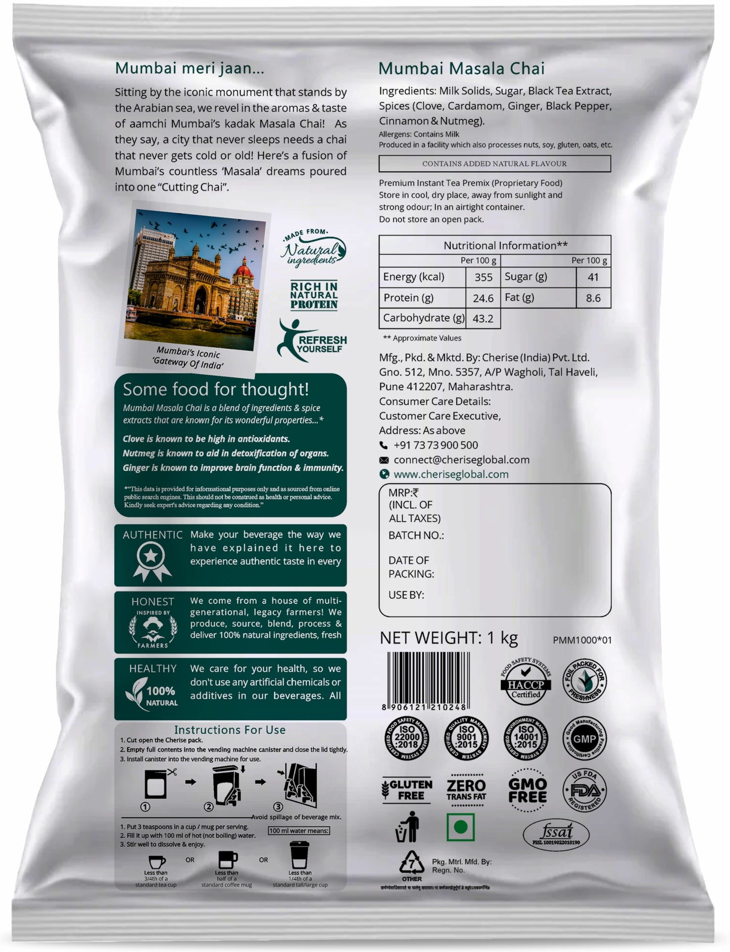 Cherise Tapri Premium Mumbai Masala Chai, Instant Tea Premix (1 kg Pouch)