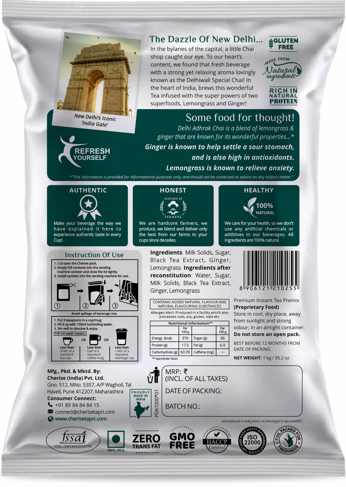 Cherise Tapri Premium Delhi Adhrak Chai, Instant Tea Premix (1 kg Pouch)