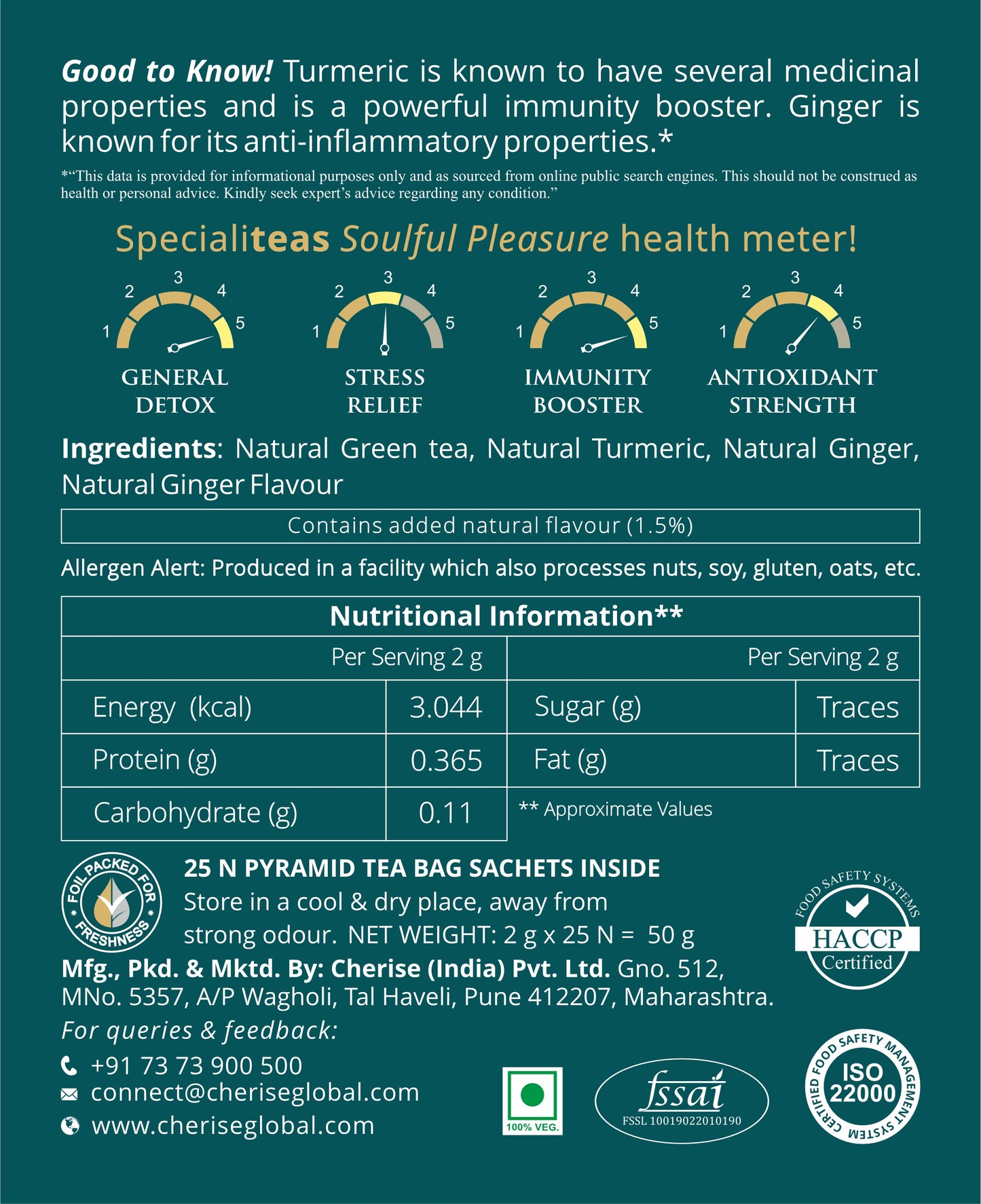 Cherise Specialiteas Soulful Pleasure Turmeric Ginger Herbal Green Tea (2 g x 25 Pyramid Tea Bags)