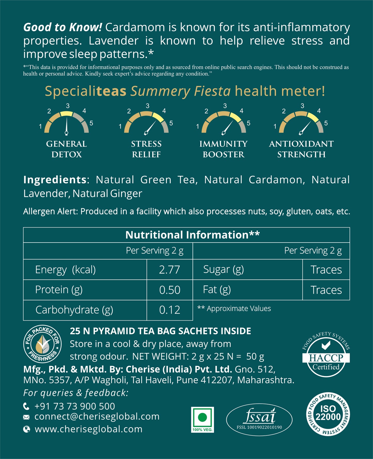 Cherise Specialiteas Summery Fiesta Cardamom Lavender Herbal Green Tea (2 g x 25 Pyramid Tea Bags)
