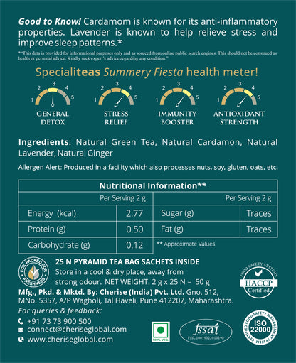 Cherise Specialiteas Summery Fiesta Cardamom Lavender Herbal Green Tea (2 g x 25 Pyramid Tea Bags)