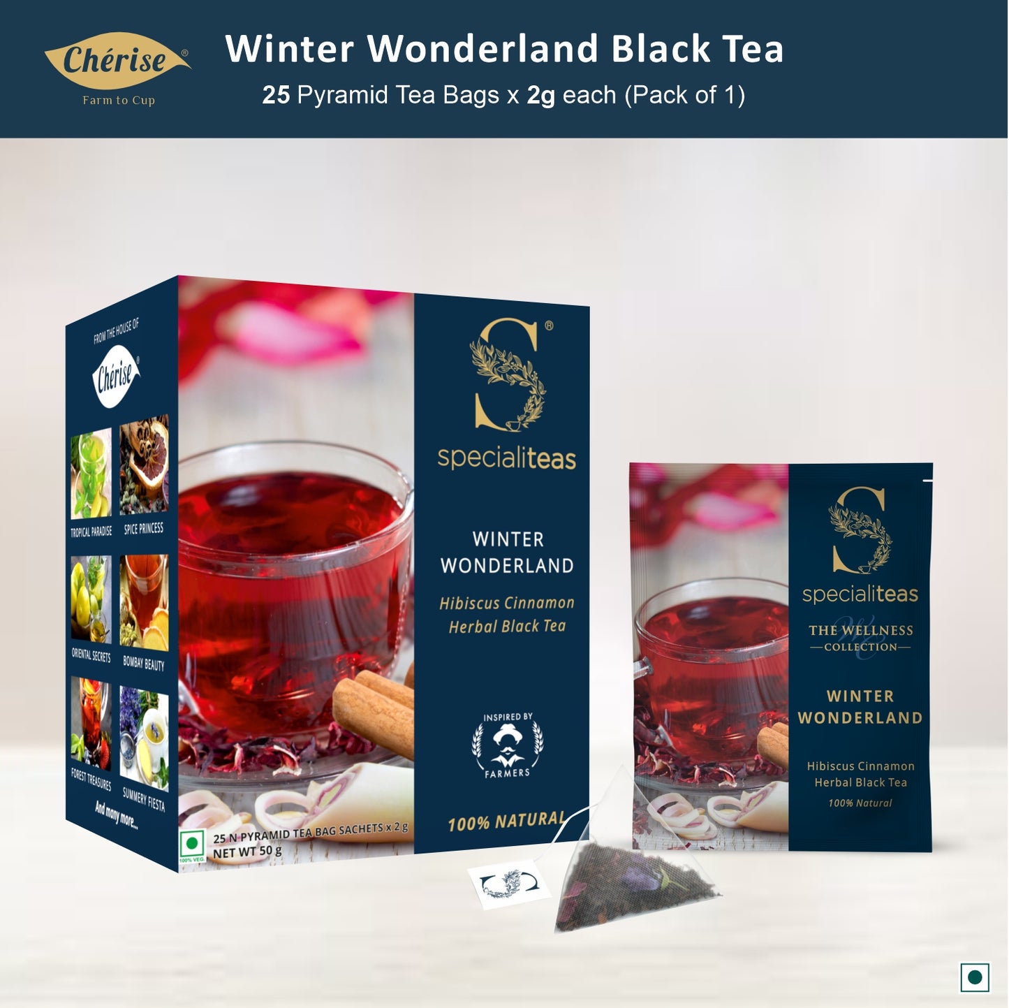 Cherise Specialiteas Winter Wonderland Hibiscus Cinnamon Herbal Black Tea (2 g x 25 Pyramid Tea Bags)