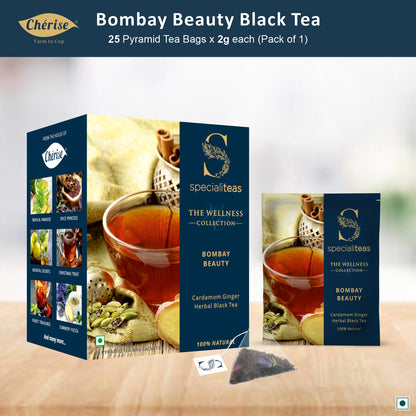 Cherise Specialiteas Bombay Beauty Cardamom Ginger Herbal Black Tea (2 g x 25 Pyramid Tea Bags)