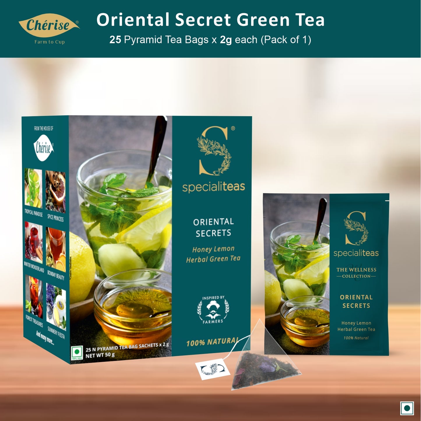 Cherise Specialiteas Oriental Secrets Honey Lemon Herbal Green Tea (2 g x 25 Pyramid Tea Bags)