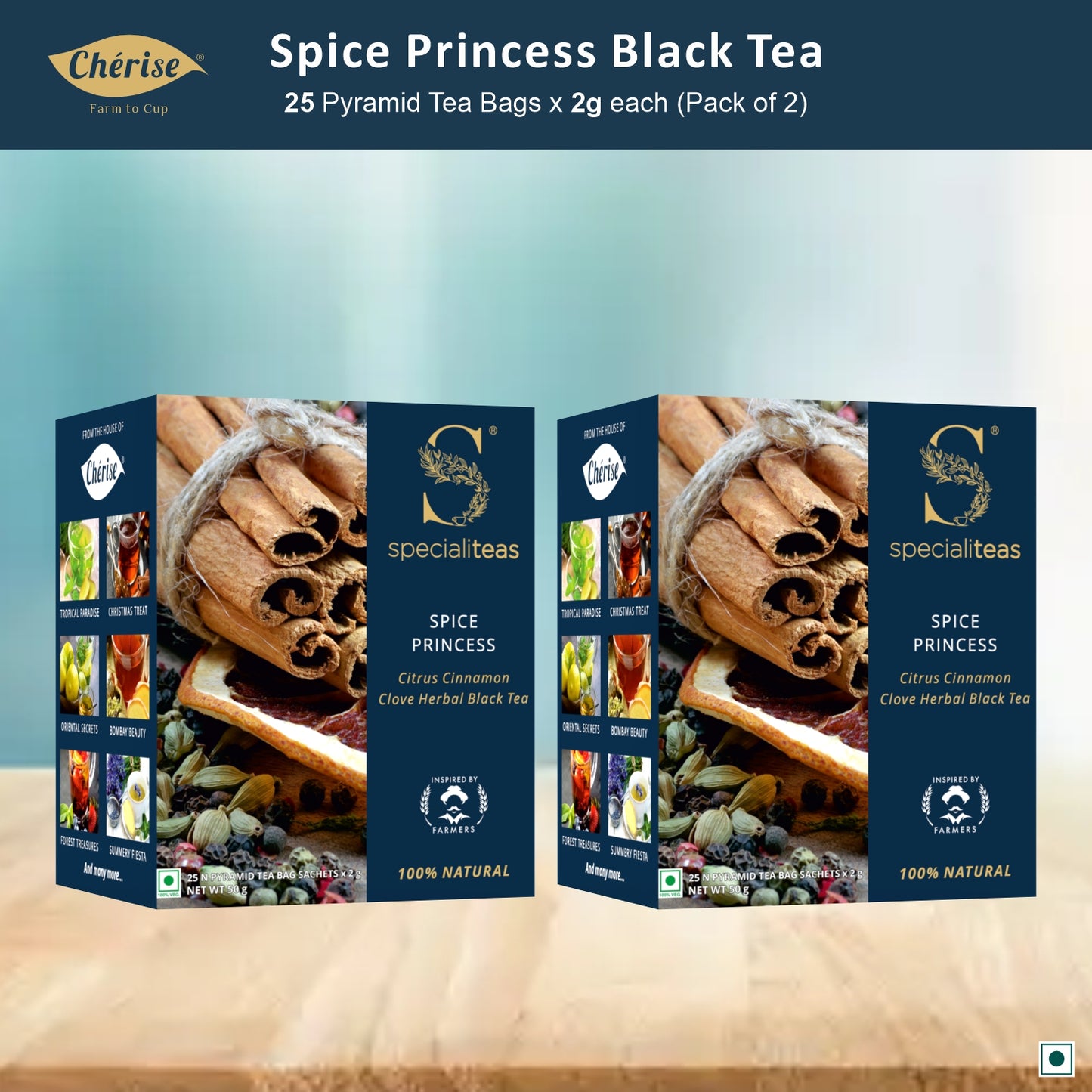 Cherise Specialiteas Spice Princess Citrus Cinnamon Clove Herbal Black Tea (2 g x 25 Pyramid Tea Bags)