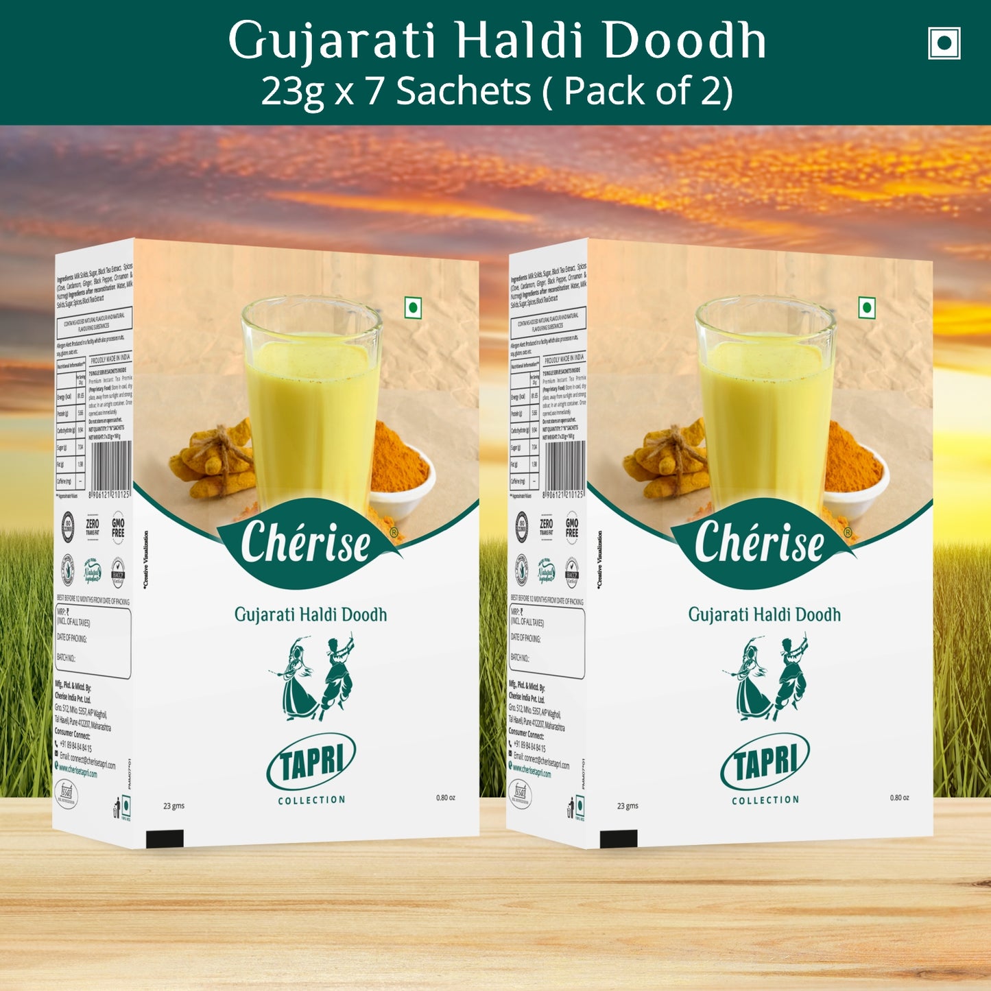 Cherise Tapri Premium Gujarati Haldi Doodh, Instant Milk Premix 23 g x 7 Sachets, (Pack of 2)