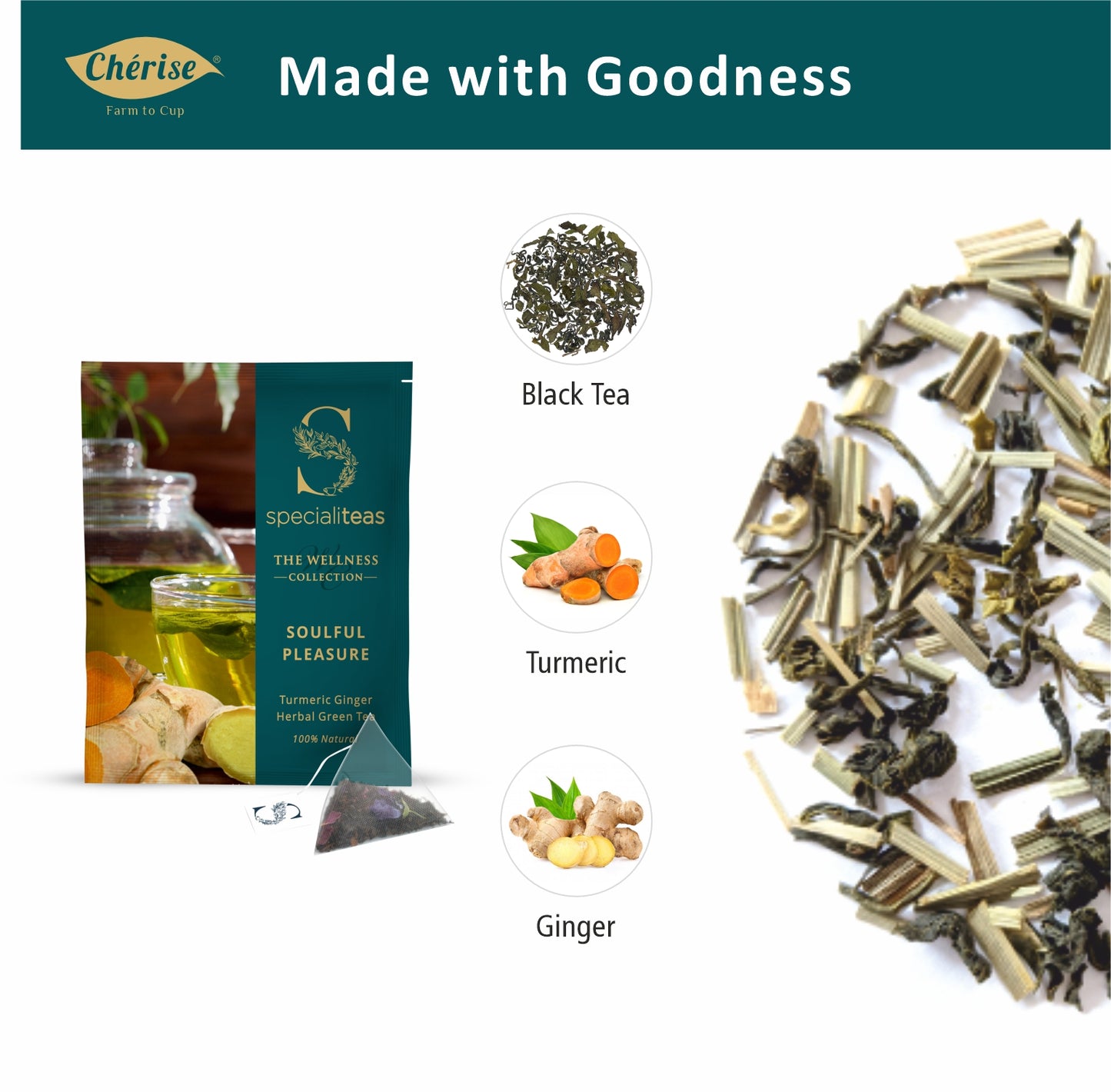 Cherise Specialiteas Soulful Pleasure Turmeric Ginger Herbal Green Tea (2 g x 25 Pyramid Tea Bags)