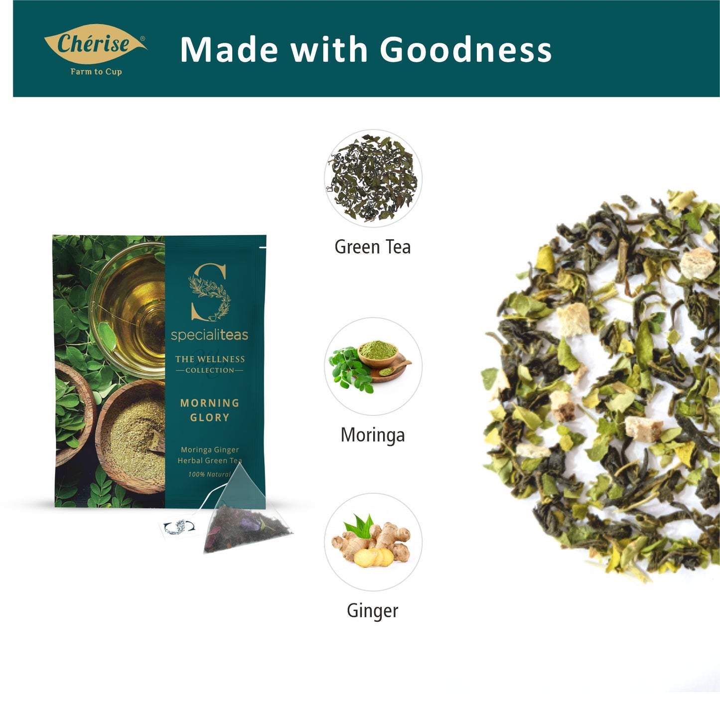 Cherise Specialiteas Morning Glory Moringa Ginger Herbal Green Tea (2 g x 25 Pyramid Tea Bags)