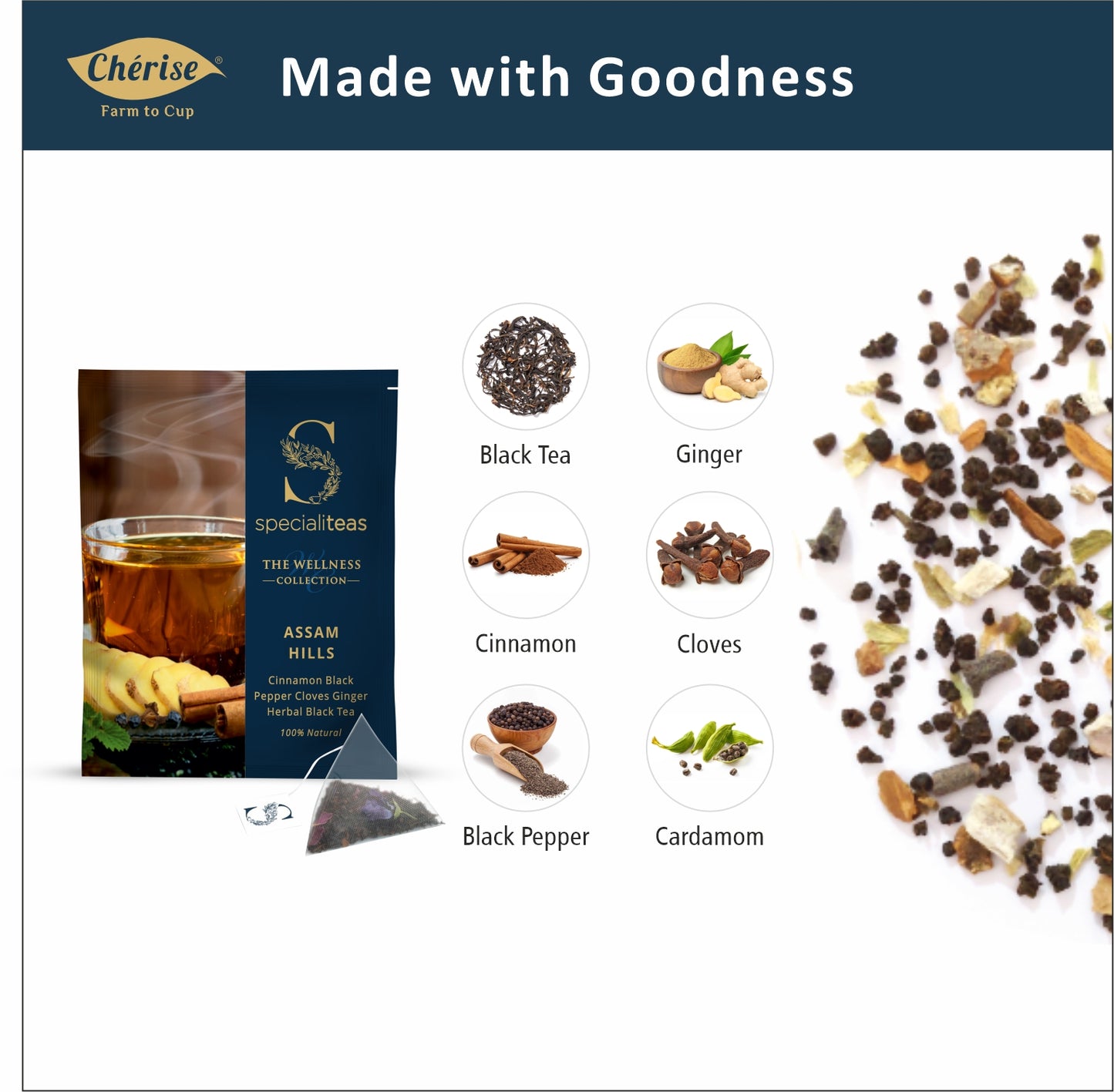 Cherise Specialiteas Assam Hills Cinnamon Black Pepper Cloves Ginger Herbal Black Tea (2 g x 25 Pyramid Tea Bags)