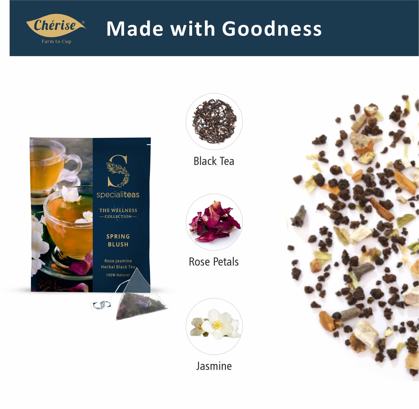 Cherise Specialiteas Spring Blush Rose Jasmine Herbal Black Tea (2 g x 25 Pyramid Tea Bags)
