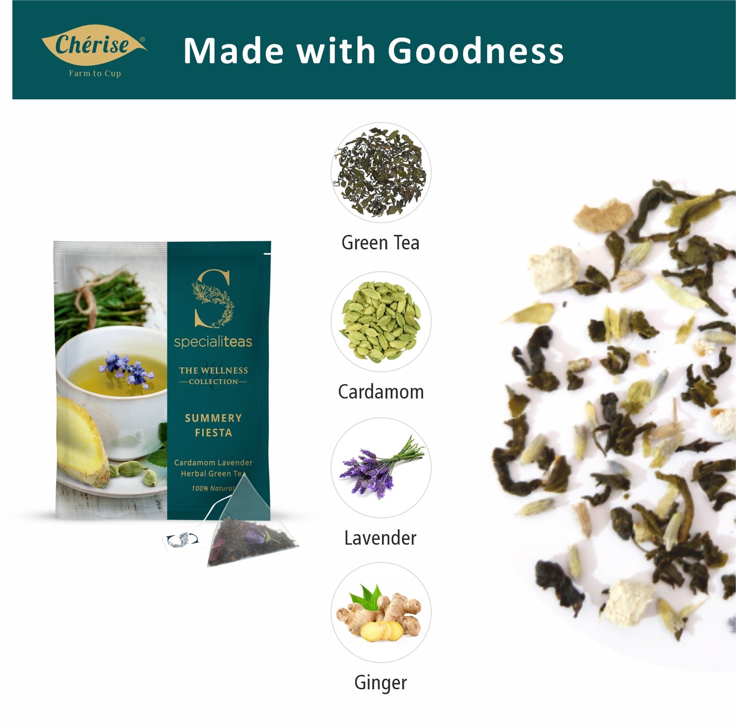 Cherise Specialiteas Summery Fiesta Cardamom Lavender Herbal Green Tea (2 g x 25 Pyramid Tea Bags)