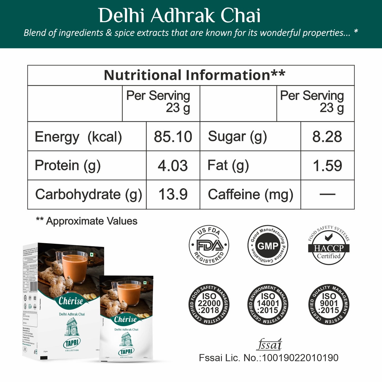 Cherise Tapri Premium Delhi Adhrak Chai, Instant Tea Premix (23 g x 7 Sachets)