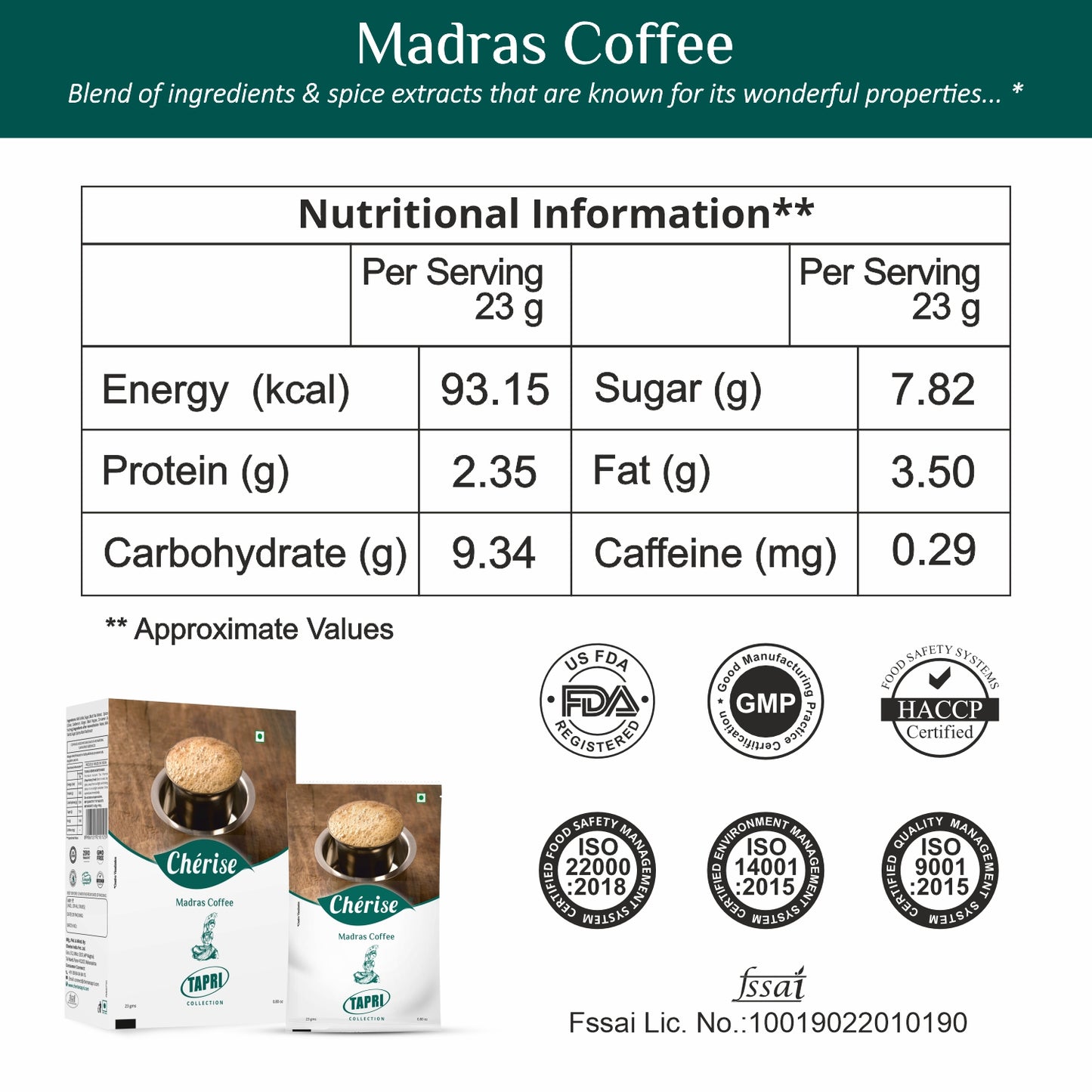 Cherise Tapri Premium Madras Coffee Instant Premix (23 g x 7 Sachets)