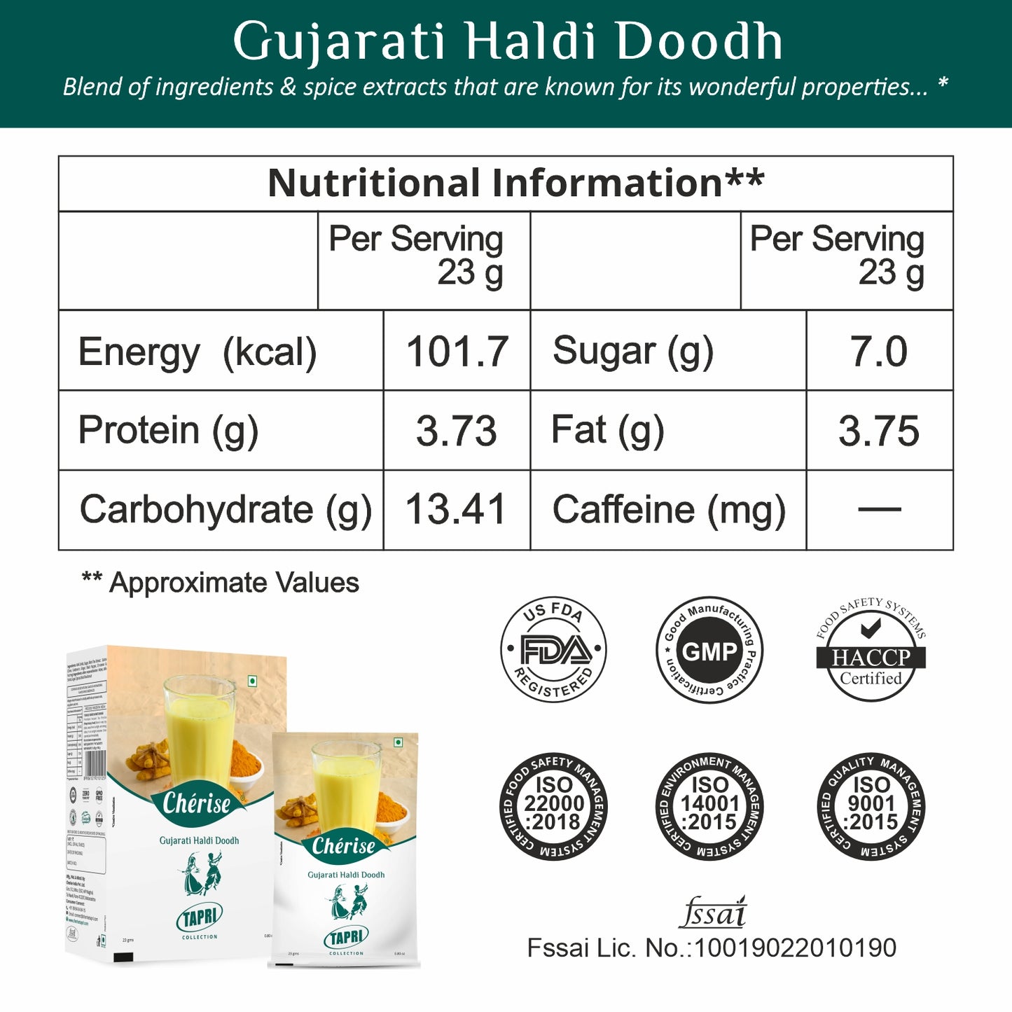 Cherise Tapri Premium Gujarati Haldi Doodh, Instant Milk Premix (23 g x 7 Sachets)