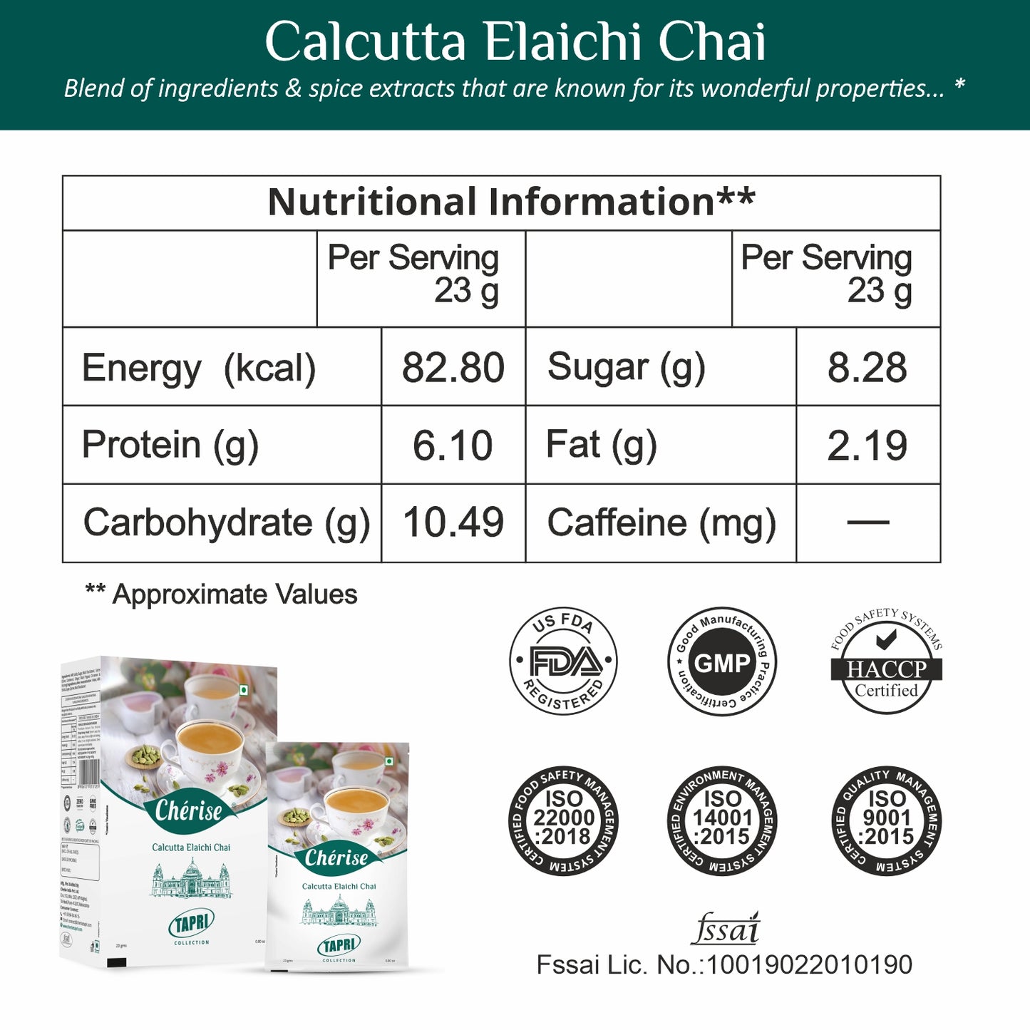 Cherise Tapri Premium Calcutta Elaichi Chai, Instant Tea Premix (23 g x 7 Sachets)