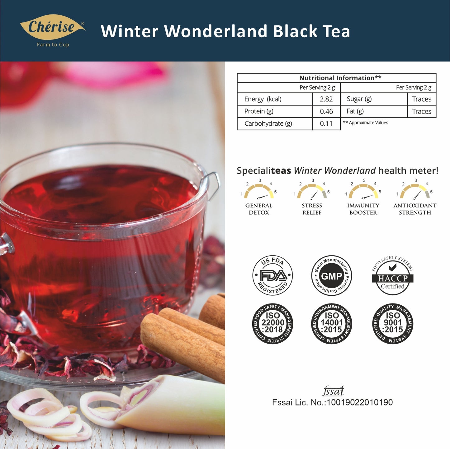 Cherise Specialiteas Winter Wonderland Hibiscus Cinnamon Herbal Black Tea (2 g x 25 Pyramid Tea Bags)